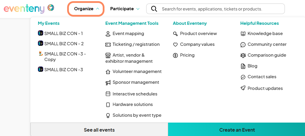an image showing users where to find the 'Organize' tab with a an orange circle around the 'Organize' button.