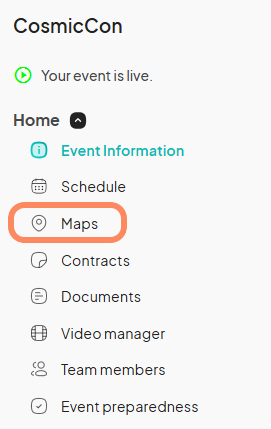 an image showing users where to find the 'Maps' tab on the vent dashboard with an orange circle around 'Maps'.
