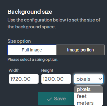 an image showing users that if they choose to scale the map at a full image, they will need to enter the width and height the of the image and to use the drow-down menu to select pixels.