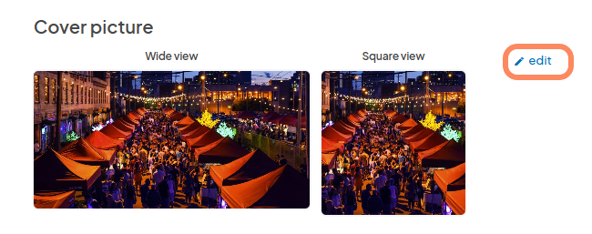 an image showing users the 'Cover picture' section with an orange circle highlighting the blue edit button.