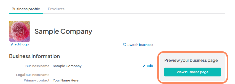 an image with an orange circle highlighting the 'Preview your business page' button.