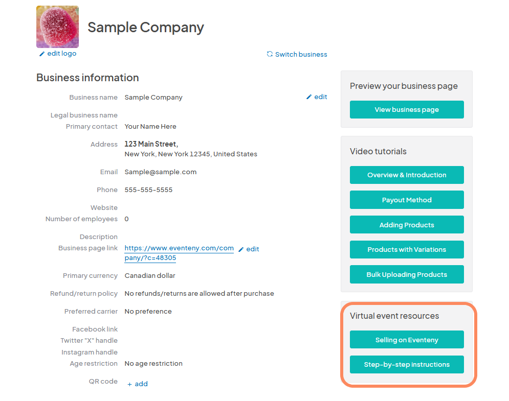 an image with an orange circle highlighting the 'Virtual event resources' section.