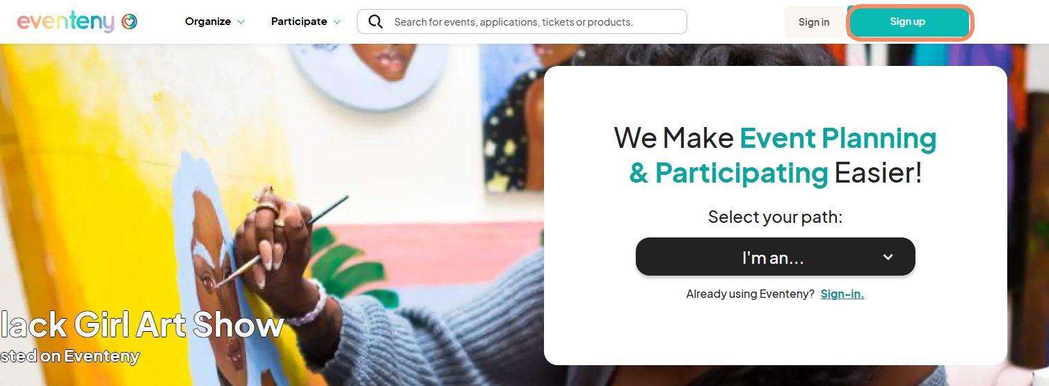 an image with an orange circle highlighting the 'Sign Up' button on the home page of the eventeny website. 