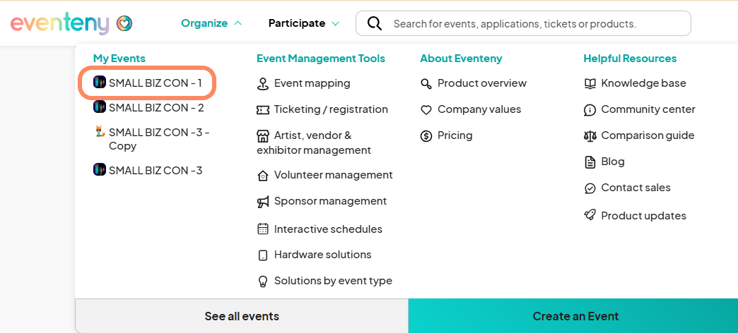 an image with an orange circle highlighting an event that is located in the drop-down menu under the 'Organize' tab.
