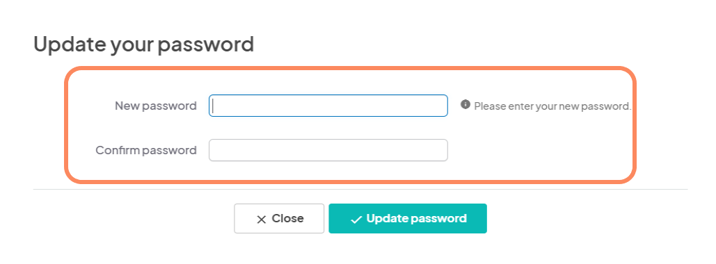 an image with an orange circle highlighting the modal that appears while editing your password with fields to input a new password.