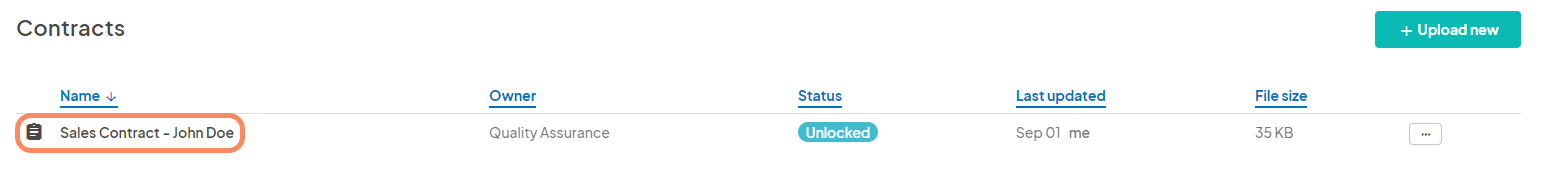 Contracts page with the 'Sales Contract – John Doe' contract name highlighted.