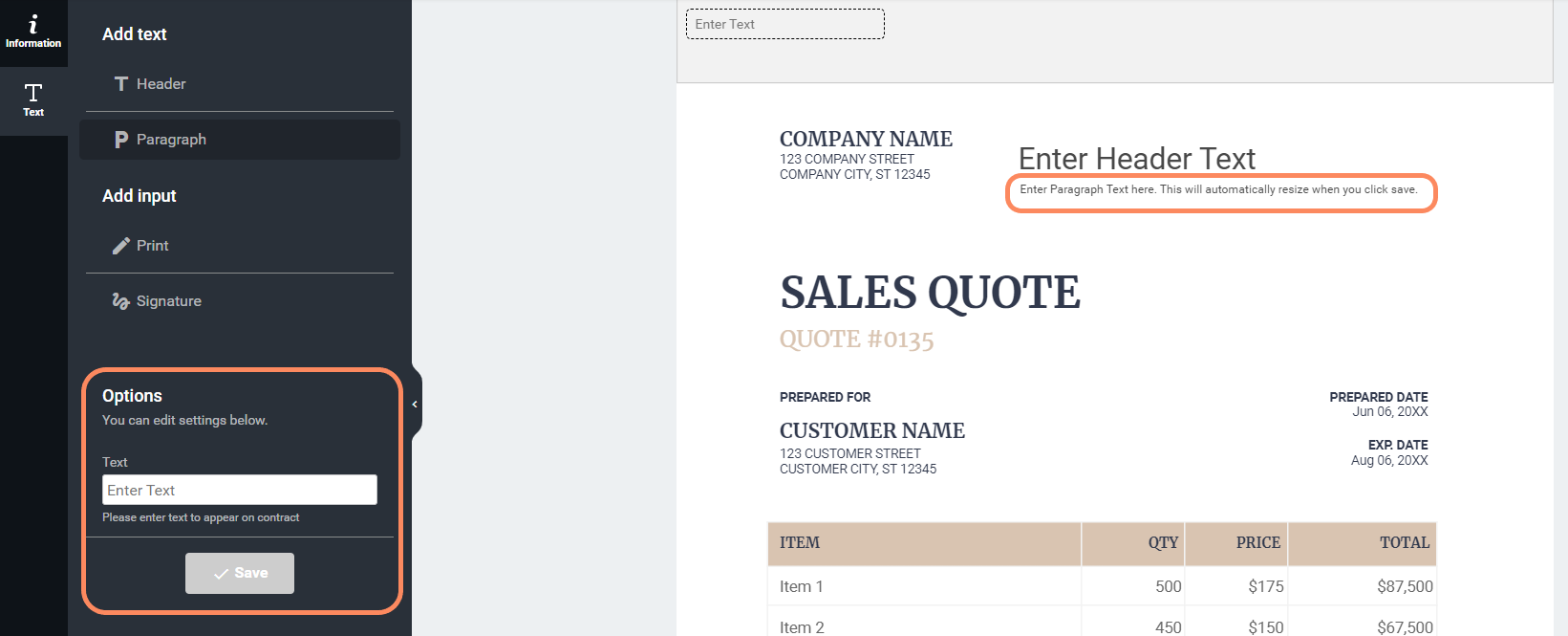 Sales Quote template with the 'Paragraph' option highlighted, showing 'Enter Paragraph Text here' on the document and options panel.