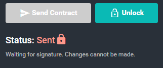 The 'Export and send' section of the Eventeny contract editor, now showing that the contract status is 'Sent.' The 'Send Contract' button is grayed out, and the contract is locked, indicating that no further changes can be made.