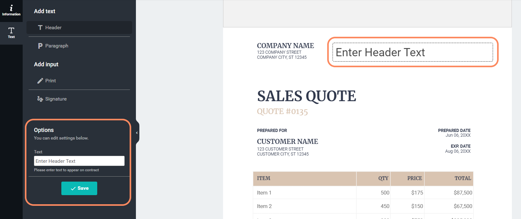 Sales Quote template with the option to 'Enter Header Text' and save changes in the options panel.