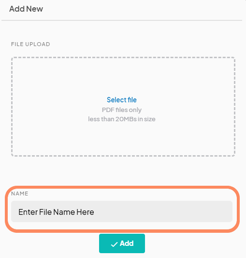 Add New Contract page with an input field highlighted to enter the file name.