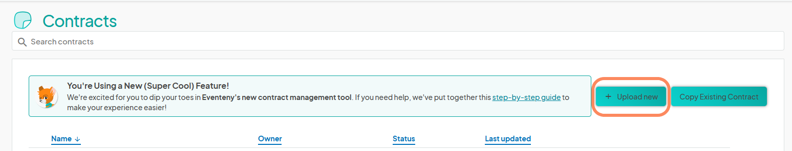 an image displaying the contracts dashboard with an orange circle highlighting the '+ Upload New' button.