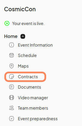 an image showing users the 'Contracts' tab on the Event Dashboard menu highlighter by an orange circle.