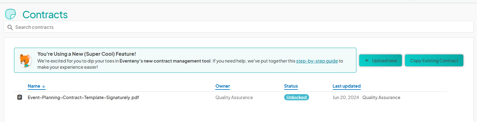 an image showing the uploaded contract as a listed item on the contract dashboard. There is an orange circle highlighting a status button labeled 'Unlocked'.