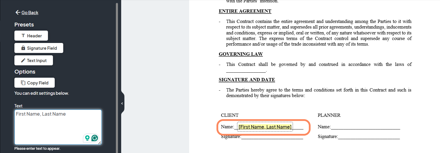 an image showing users the the text box that is placed on the contract for a print field highlighted with an orange circle.