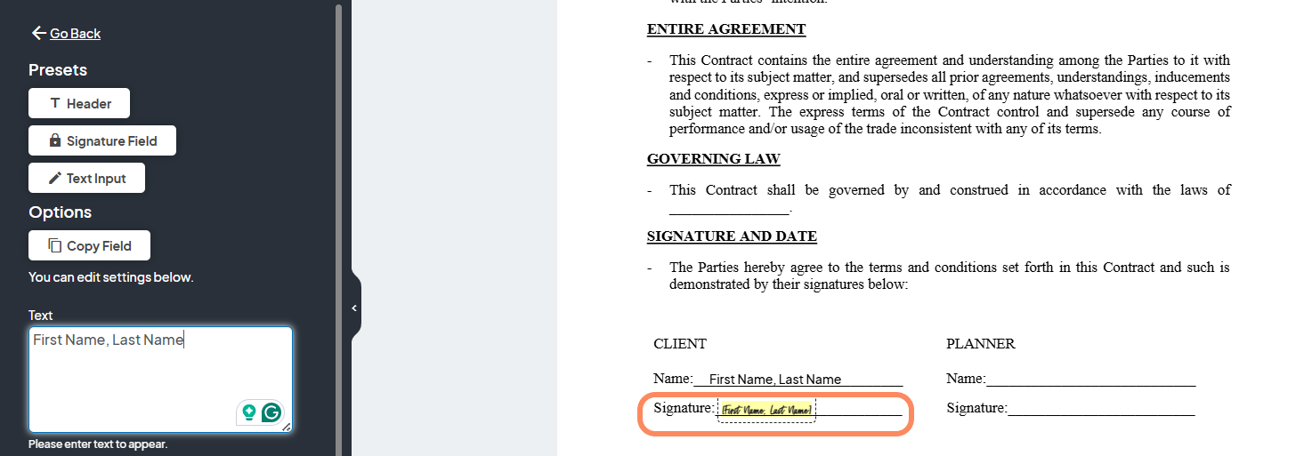 an image highlighting the text box that is place don the contract for a signature field highlighted with an orange circle.