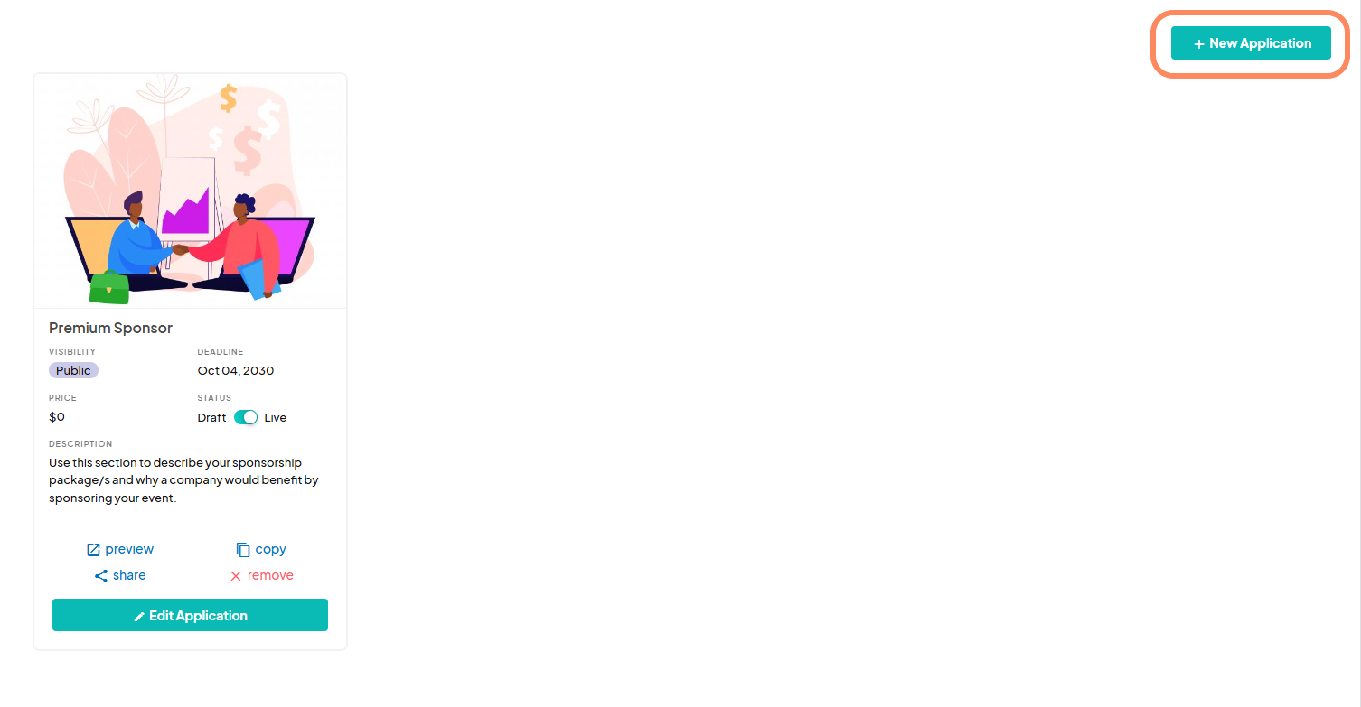 an image showing users the '+New Application' button with an orange circle highlighting it.