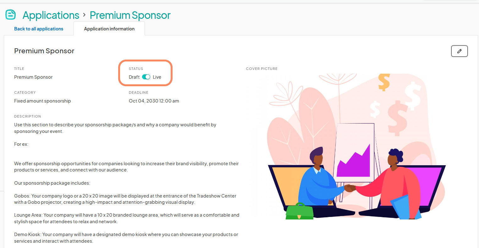 an image showing users the sponsor application dashboard with an orange circle highlighting the 'Draft/Live' toggle.