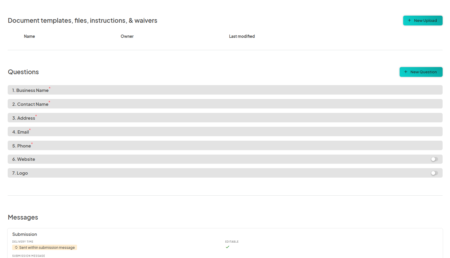 an image showing users the rest of the application creation process with the option to add documents, questions, and create custom questions.