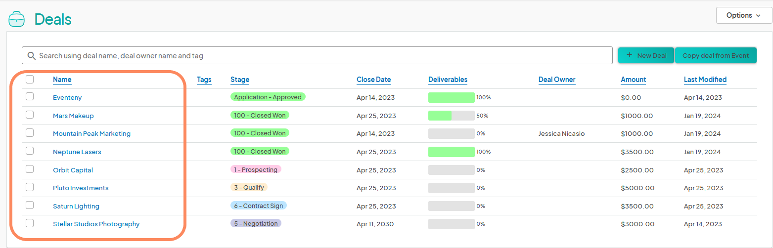  an showing users fields for deal name, amount, stage, close date, type, owner, visibility, payout method, and description.  Currently, the information for these fields are blank.