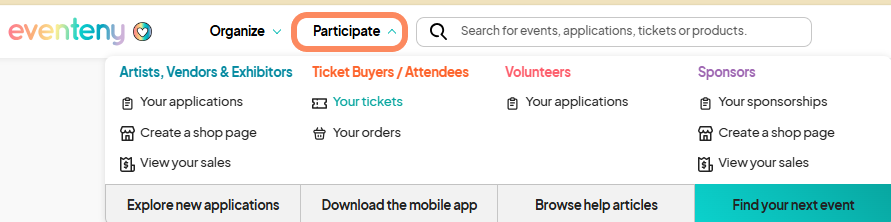 Screenshot of the Eventeny website navigation bar, highlighting the 'Participate' dropdown with options for Ticket Buyers/Attendees to view 'Your tickets' and 'Your orders'.