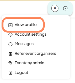 Screenshot of a user profile dropdown on Eventeny, with the 'View profile' option highlighted.