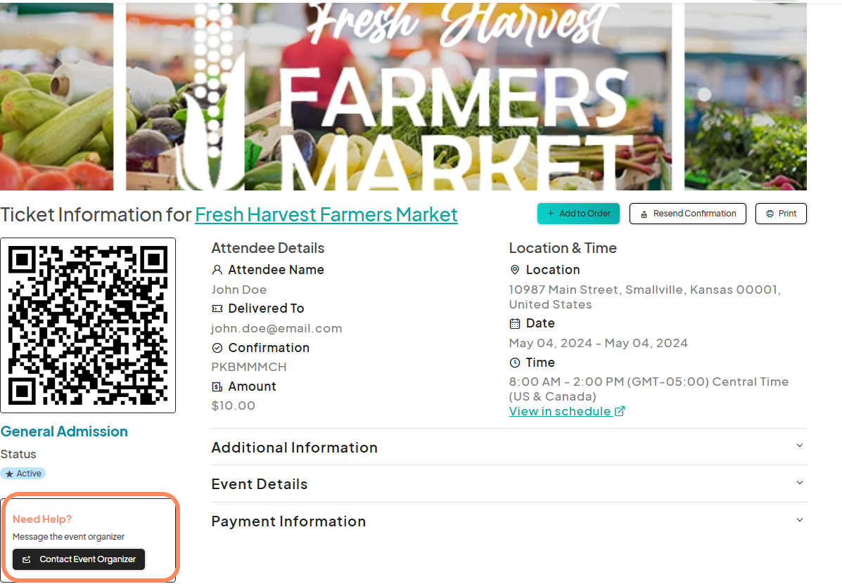 Screenshot of the ticket details page for Fresh Harvest Farmers Market, showing event information, QR code, and a 'Contact Event Organizer' button.
