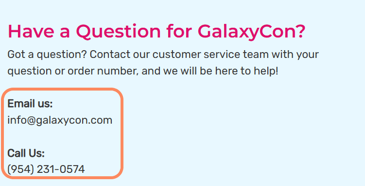 Screenshot of GalaxyCon customer support information with an email address and phone number listed for contact.