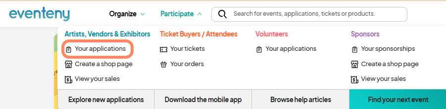 an image showing users the 'Participate' tab with an orange circle around the 'Your application' button in the drop-down menu.