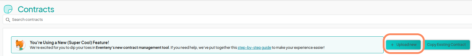 Contracts page featuring a banner message introducing Eventeny's new contract management tool, with two buttons highlighted - 'Upload new' and 'Copy Existing Contract.