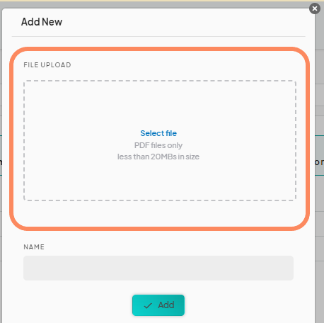 A popup window labeled 'Add New' for uploading a contract, with a dashed area labeled 'Select file' for PDF files only, and a text field below for naming the file.