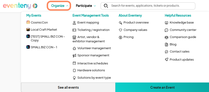 A dropdown menu under 'Organize' showing options for event management tools, company information, and helpful resources, with the option to create a new event highlighted.