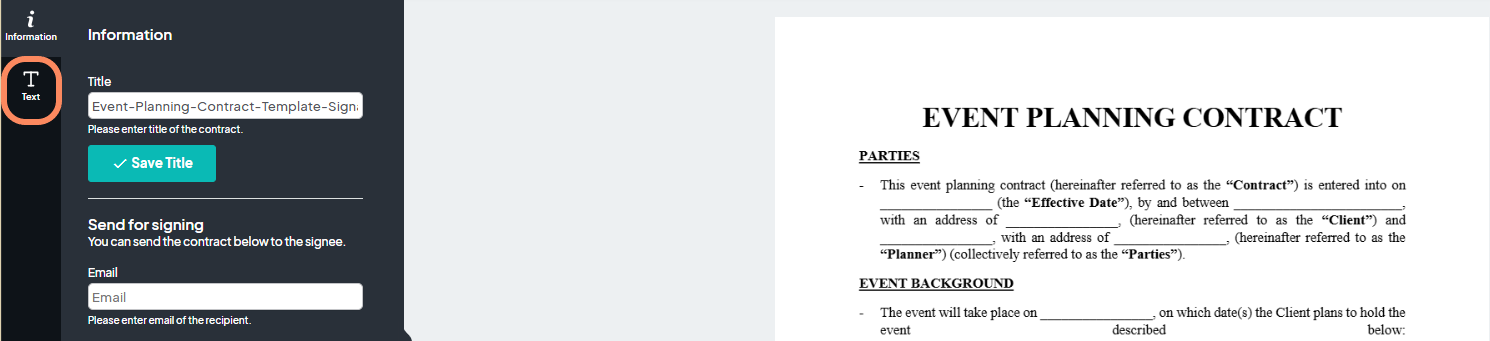 A contract editing screen showing a sample event planning contract on the right, with the 'Information' tab highlighted on the left, and fields to enter the contract title and recipient email address for signing.