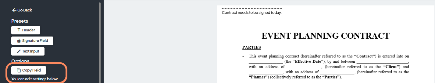 The contract editor sidebar displaying a 'Copy Field' option, allowing the user to duplicate existing fields on the contract.