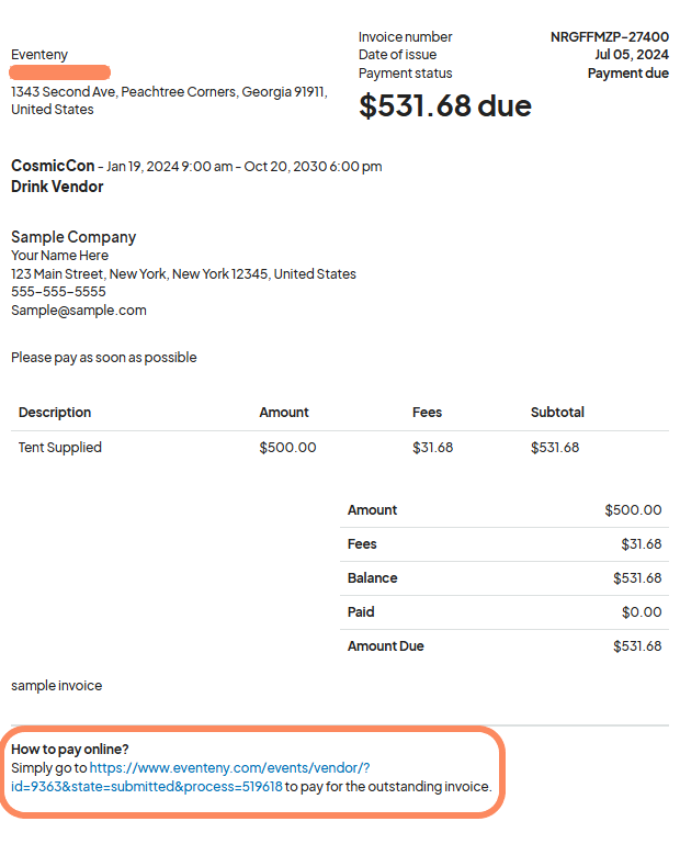an image showing users an invoice with a hyperlink at the bottom of the invoice directing the user to click on it to pay their application invoice.