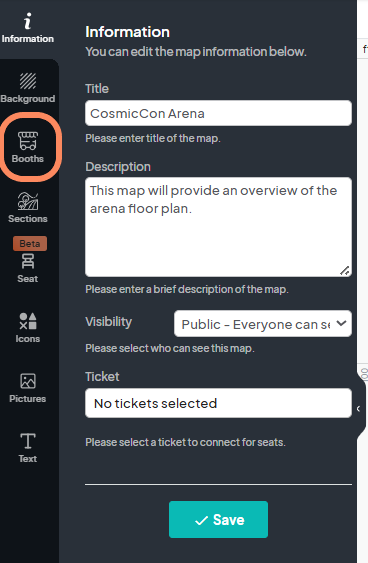 An image showing users the map editor with an orange circle highlighting the ‘Booth’ tab.