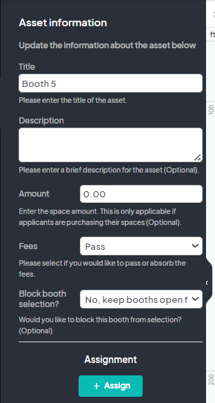 An image showing users the criteria that needs to be filled out when a booth is created, the criteria is title, description, amount, fees, block booth section, and assignment.