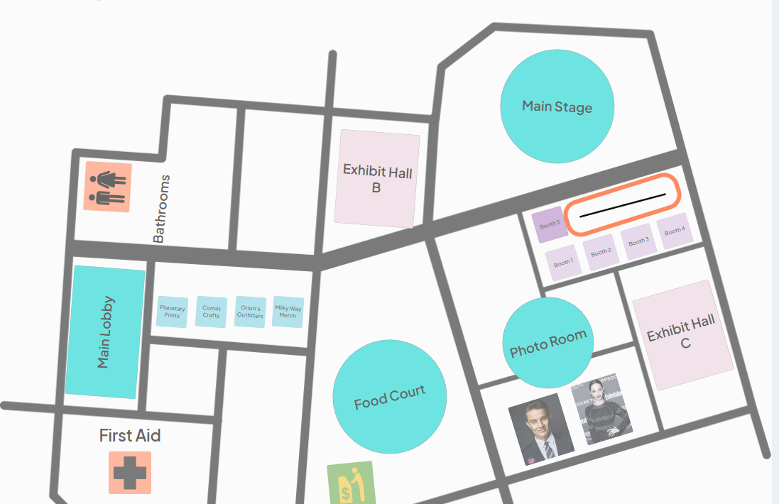An image showing users a straight line drawn on the map to create multiple booths with an orange circle highlighting the straight line.