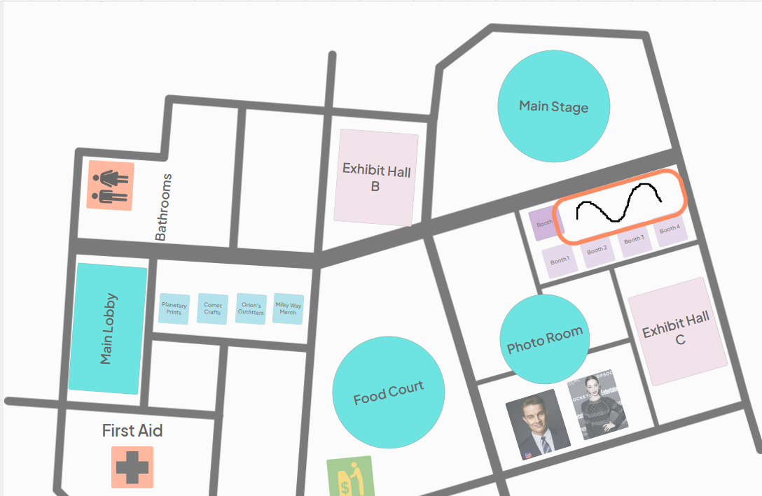 An image showing users a free hand line drawn on the map to create multiple booths with an orange circle highlighting the free hand line.