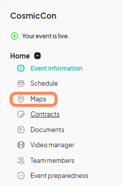 An image showing users the ‘Map’ tab located under the ‘Home ‘ tab on the event dashboard with an orange circle highlighting it.