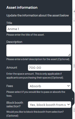 An image showing users the information fields that are available when clicking on a current booth from the list of booths on the map.