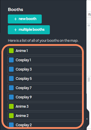 An image showing users the booth information tab with an orange circle highlighting the list of current booths on the map.
