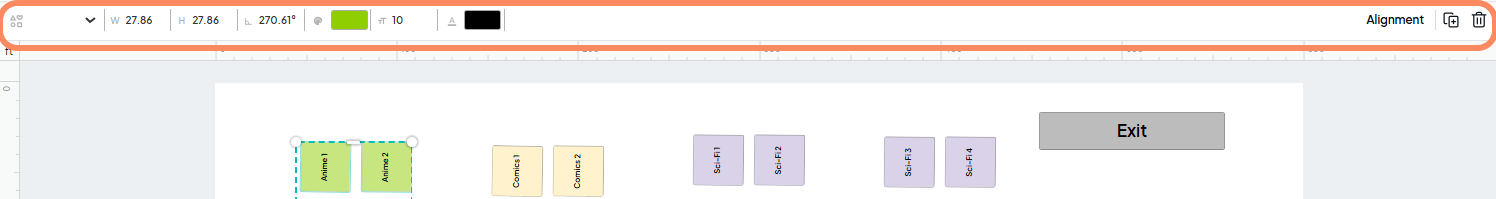 An image showing users the map editor toolbar with an orange circle highlighting the options to edit the sizes, shape and colors of the booths and text via the top toolbar.