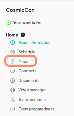 An image showing users the ‘Map’ tab located under the ‘Home ‘ tab on the event dashboard with an orange circle highlighting it.