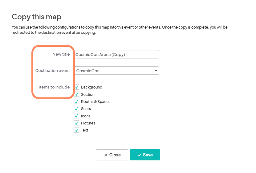 an image showing users the modal that appears when the 'Copy' icon is selected with requirements to choose which event the map will be copied to with items to be copied over as well.