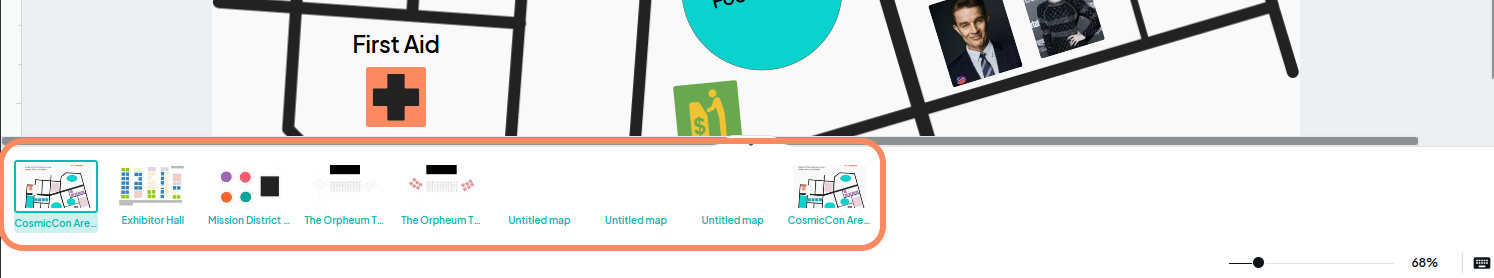 an image showing users the drop-down menu that appears when toggling between maps with an orange circle highlighting the maps that can be selected.