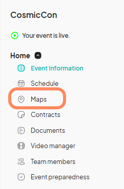 An image showing users the ‘Map’ tab located under the ‘Home ‘ tab on the event dashboard with an orange circle highlighting it.