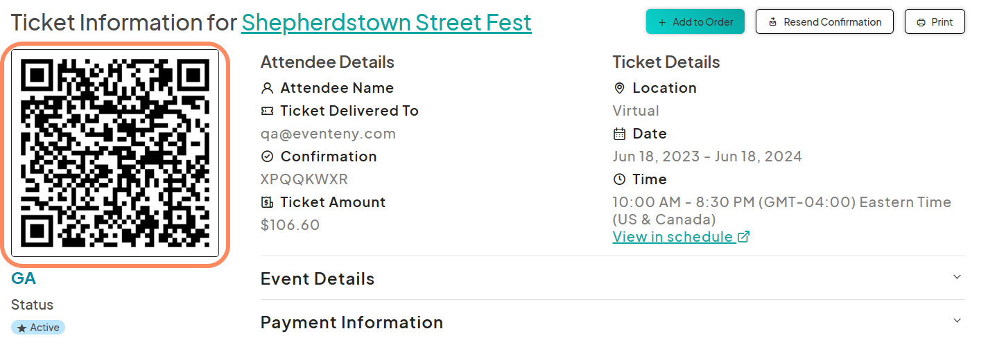 an image showing a purchased ticket with the QR code highlighted in an orange circle.