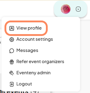 Screenshot of the Eventeny user profile dropdown menu with the 'View profile' option highlighted.