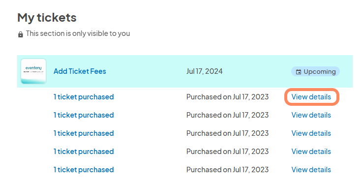 Screenshot showing the 'My tickets' section with a blue 'View details' link next to a purchased ticket.