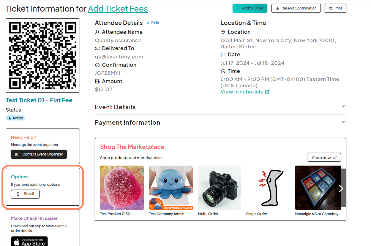 Screenshot highlighting the 'Resell Ticket' button at the bottom right of the ticket details page.